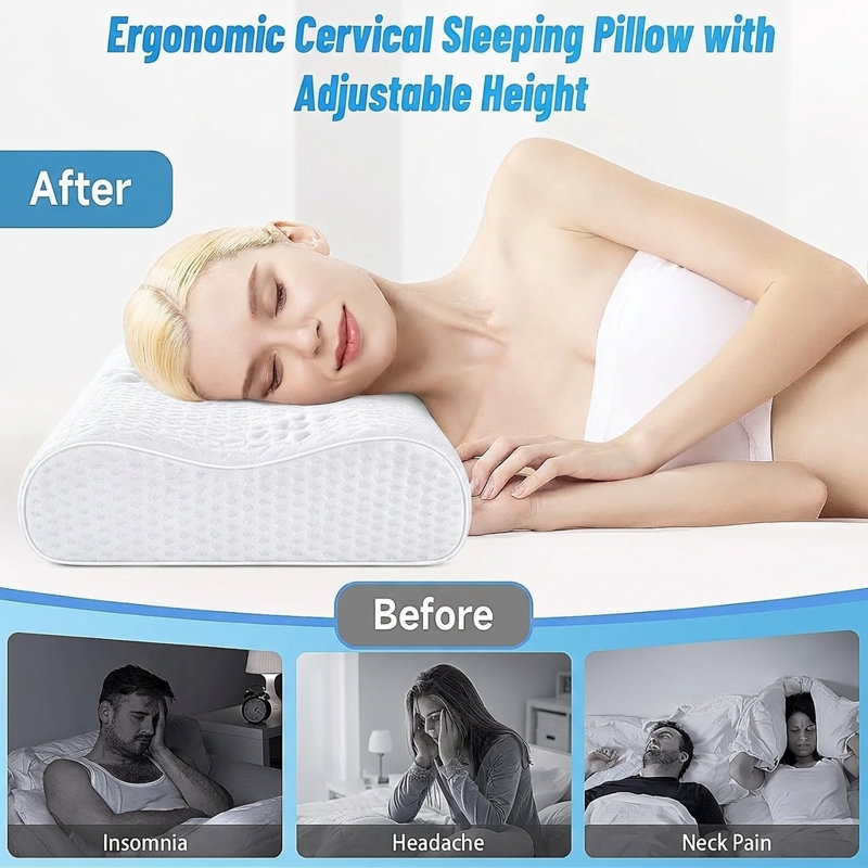 Oreiller cervical ergonomique en mousse à mémoire de forme à hauteur réglable, oreiller de soutien cervical rafraîchissant et profilé pour tous les dormeurs