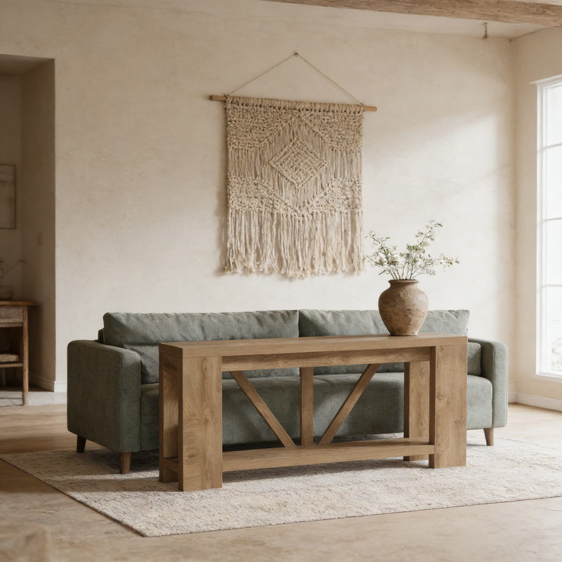 Console très longue avec tablette de rangement, canapé de style campagnard moderne pour le vestibule, salon, canapé derrière, conception à grain de bois rustique, fabrication robuste
