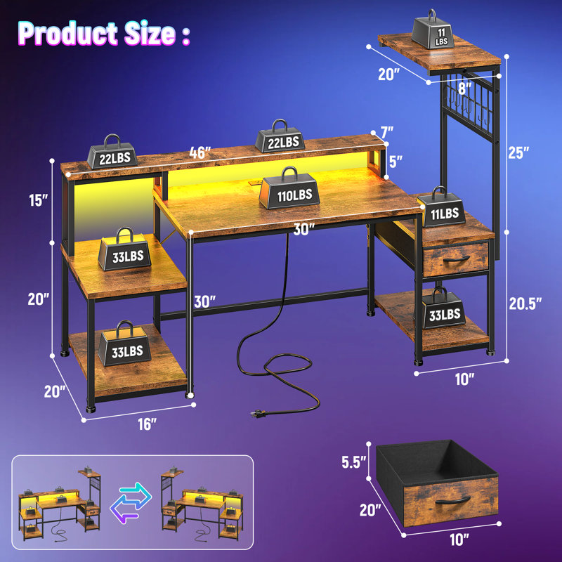 Gaming Desk With Hutch & Monitor Stand,Corner Computer Desk With LED Lights & Outlets For Home Office, Brown/Black