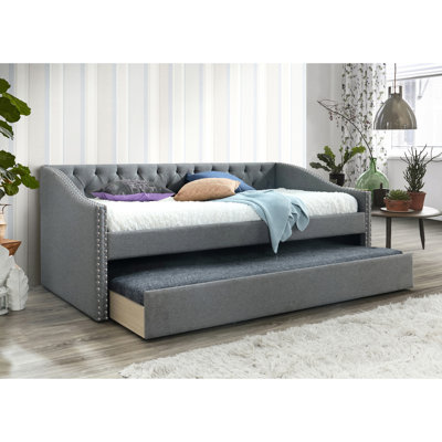 Lit de jour gris avec capitonnage à boutons et garniture cloutée, lit gigogne escamotable pour chambre à coucher, gris, décoration