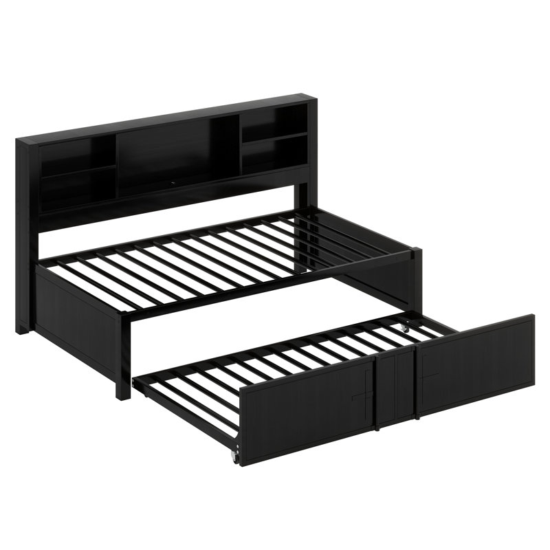 Lit de jour en métal avec couchette, tablettes de rangement et ports USB, Noir