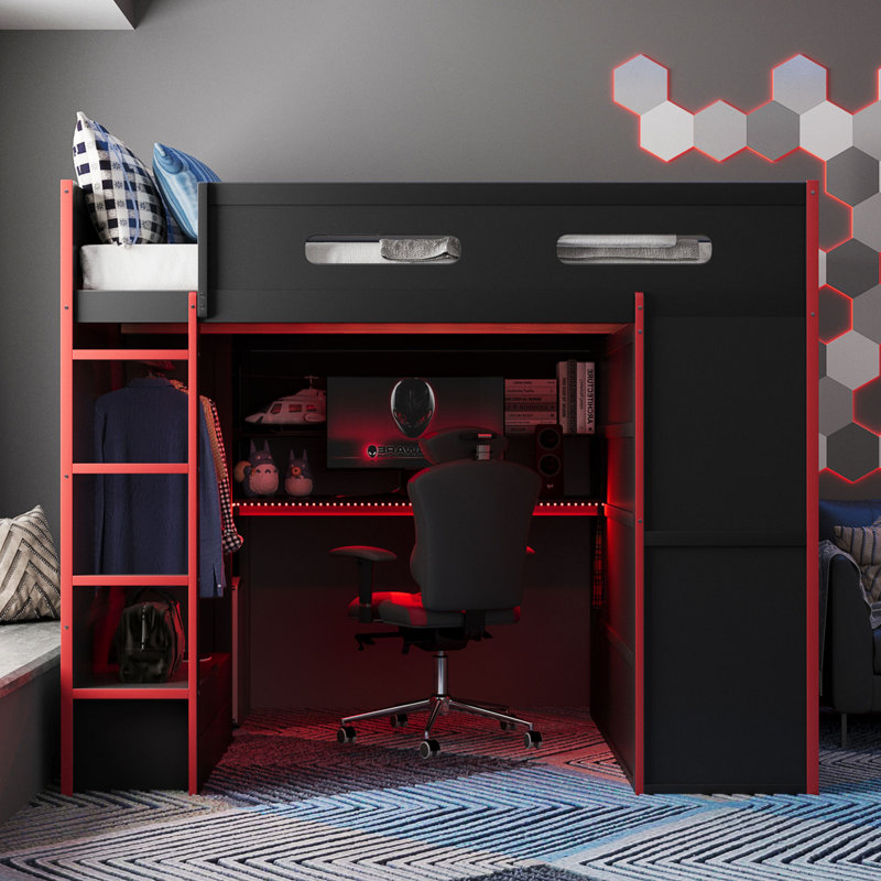 Lit mezzanine en bois avec bureau, Rouge
