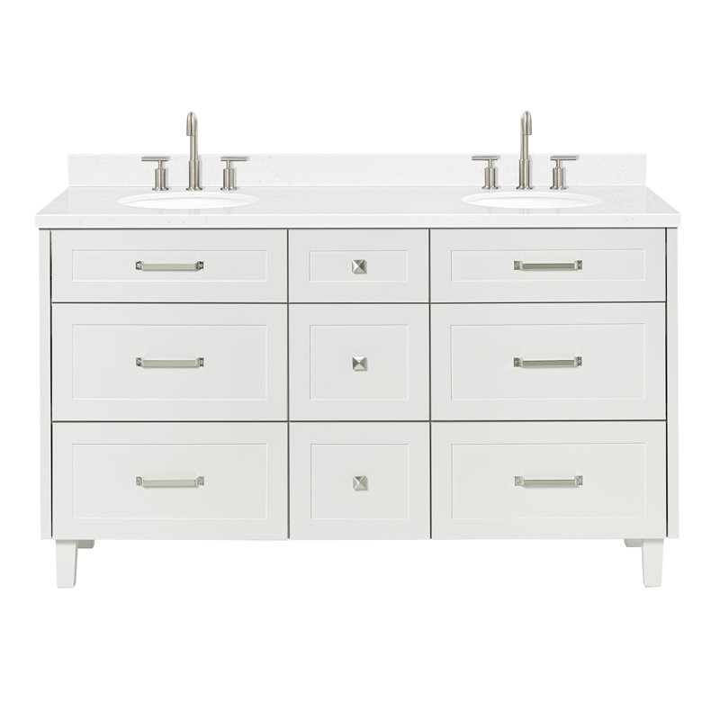 Ariel Monrow 60 Inch Double Oval Sink Bathroom Vanity With Carrara Quartz Countertop, Oak