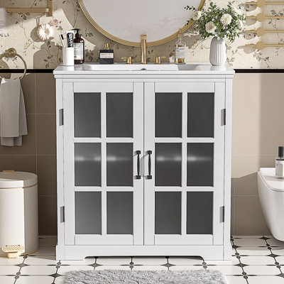 Meuble-lavabo moderne avec lavabo en céramique, meuble-lavabo avec porte en verre trempé