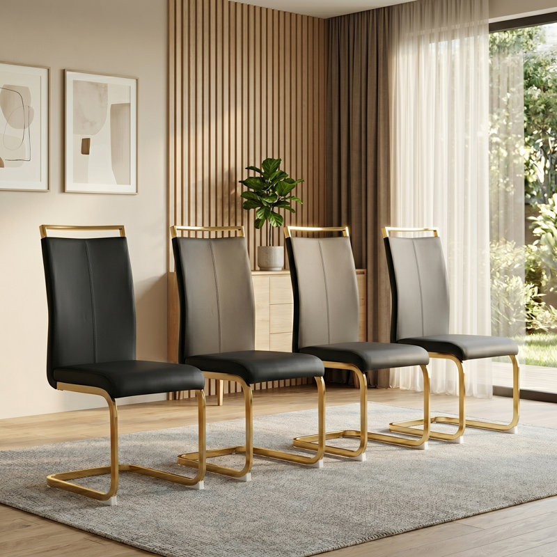 Modern Glam Faux Leather Cantilever Dining Chairs with Metal Base and Handle (Set of 4), Black