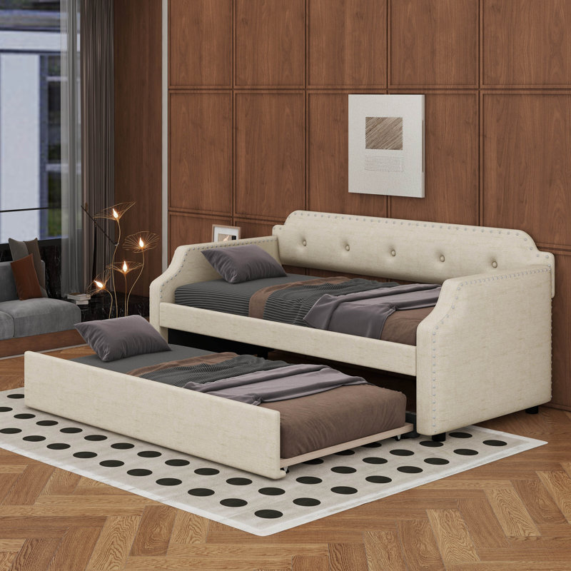 Lit de jour simple rembourré avec couchette, Beige