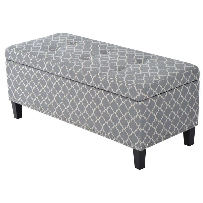 Repose-pieds capitonné rectangulaire avec rangement Hagan, Motif géométrique gris / blanc