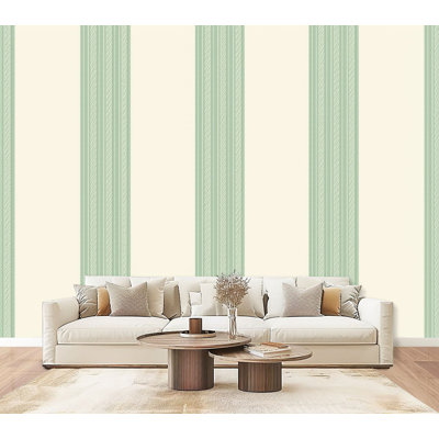 striped Peel and Stick Wallpaper Beige Stripe Fabric Canvas Green Vertical Stripes Thin Contrasting Wall Murals 69"H x 96"W Removable PVC Wall Paper Self-Adhesive Wall Decor for Bedroom Living Room Home Office