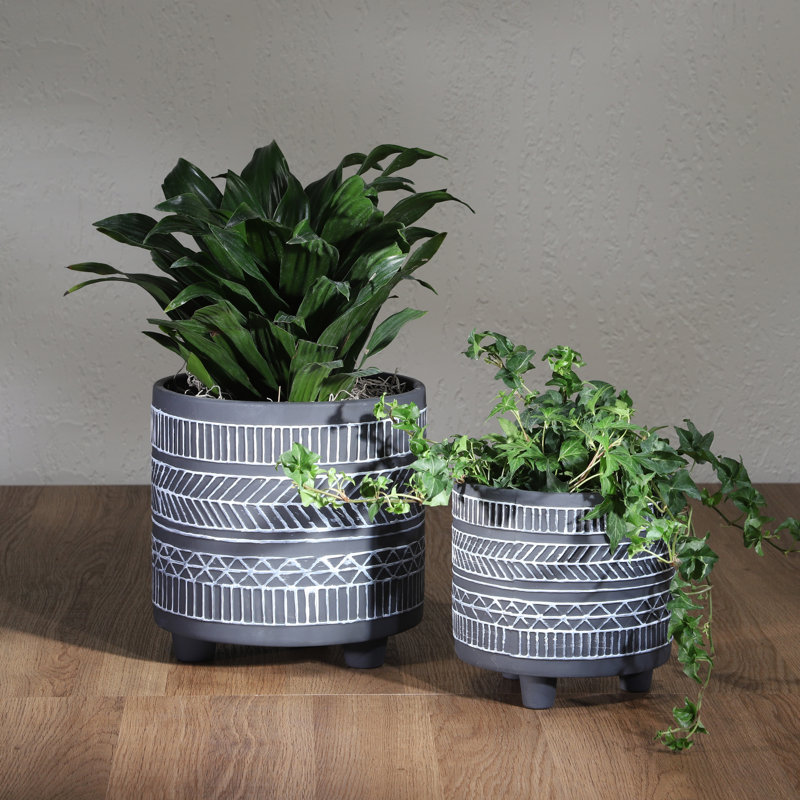 Charmayne Stoneware Ceramic Planter Set with Textured Design and Footed Base - Set of 2, Black