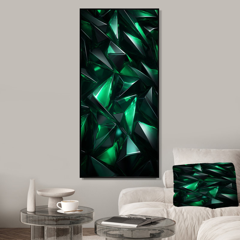 Fractale verte géométrique I - art mural géométrique, Cadre flottant noir, H 60 po x l 28 po x P 1,5 po