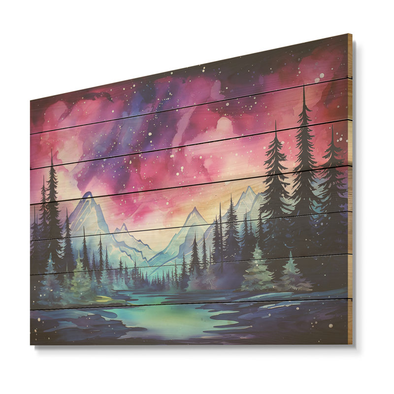 Pink Aurora Borealis In Canada II - Winter Mountains On Wood Print, 30" H x 40" W x 0.78" D