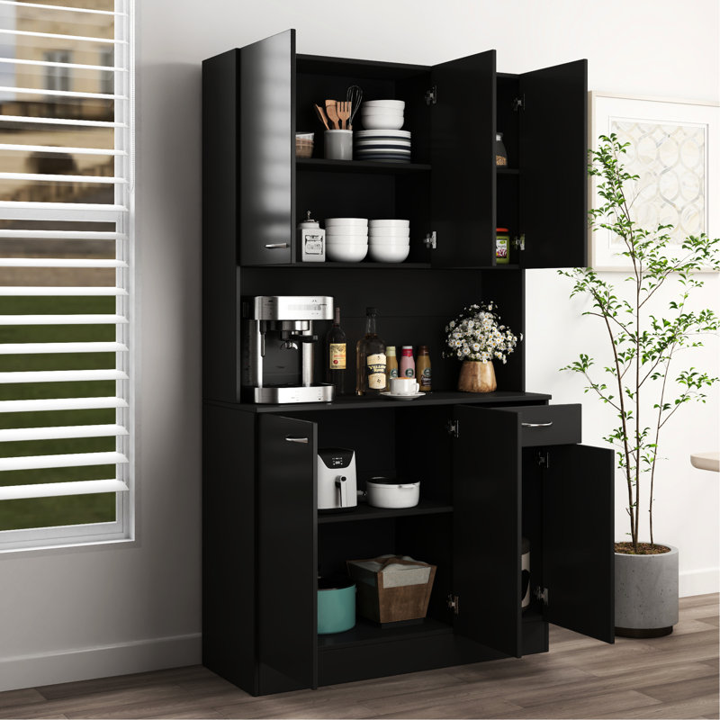 Alice Bedroom Wardrobe 69.63" Tall, Black. 6 Doors, 1 Open Shelf, Drawer. For A Stylish And Practical Cabinet Black Tall Bedroom. Material. Modern Functional