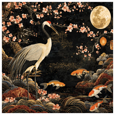 Crane Koi Moon Cherry Blossoms Quilted Bedspread All Sizes