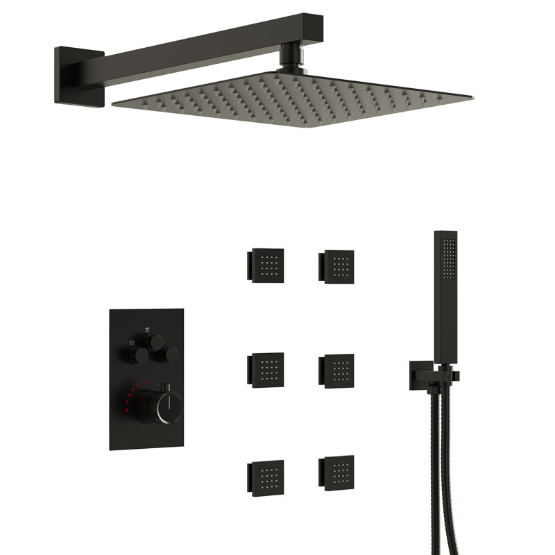 Wall Mounted Thermostatic Shower System , High Pressure Rainfall Shower Head with Handheld Shower, Matte Black