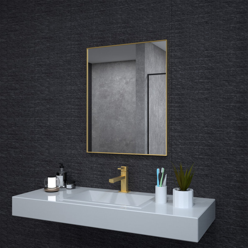 Miroir de salle de bain rectangulaire en métal 1,3 "avec cadre en verre trempé, Or brossé, 30 po x 24 po