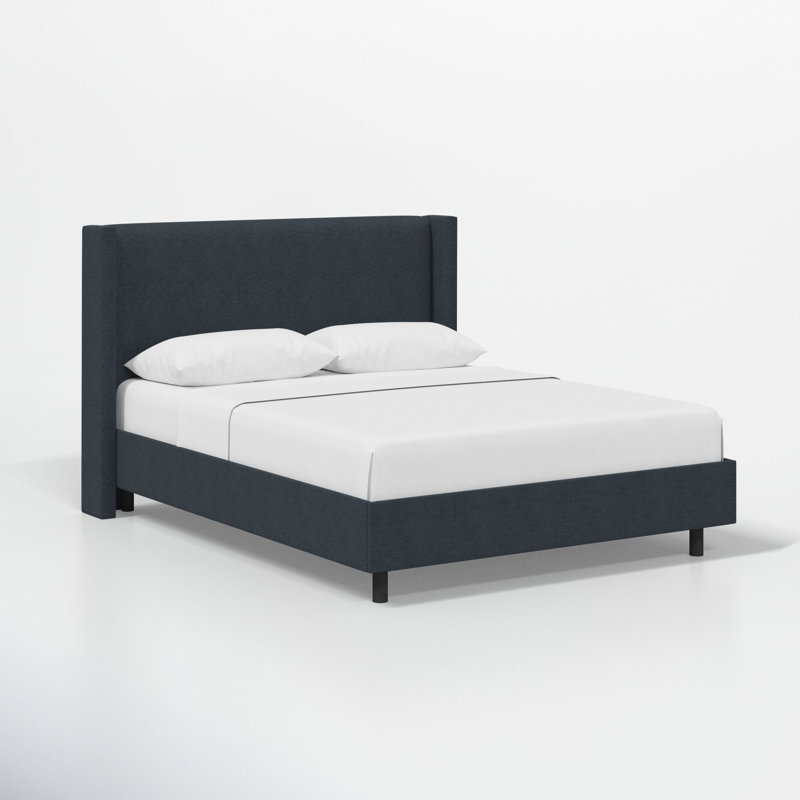 Hanson Upholstered Wingback Platform Bed, Classic Navy Linen, Full