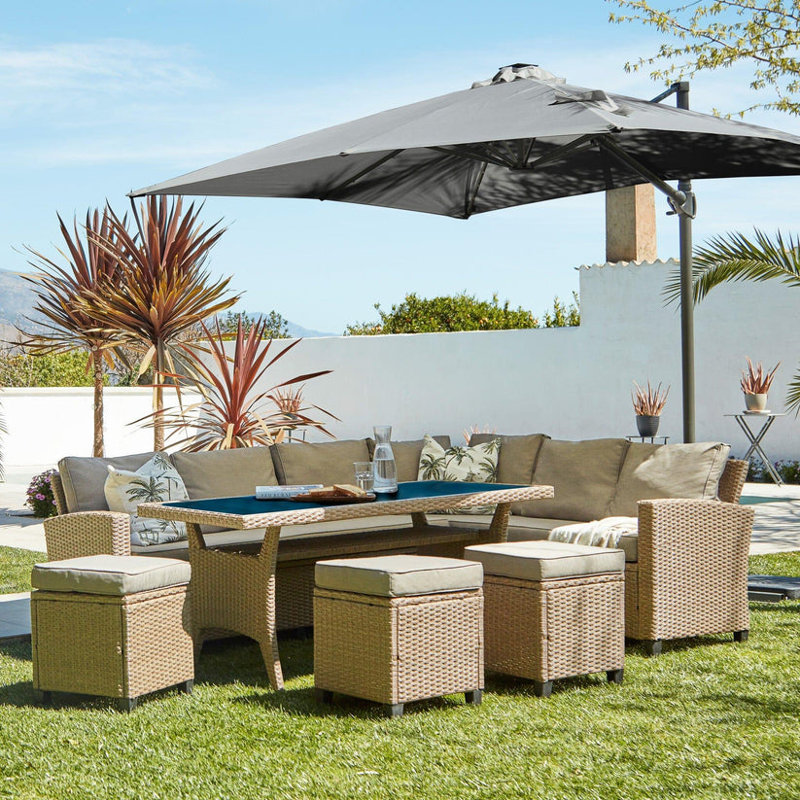 Rattan 9 - Person Seating Group with Cushions and LED Premium Parasol, Grey, Beige