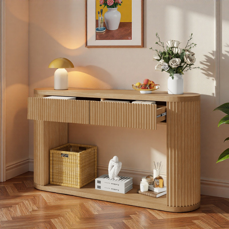 Console ovale cannelée avec 2 tiroirs et tablette inférieure, Naturel