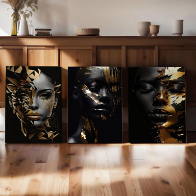 3 pièces d'art mural encadrées, abstrait femme afro-américaine, art mural sur toile, ensemble de 3 motifs géométriques en feuille d'or, décor moderne pour salon, bureau à domicile, impression d'art contemporain noir et or