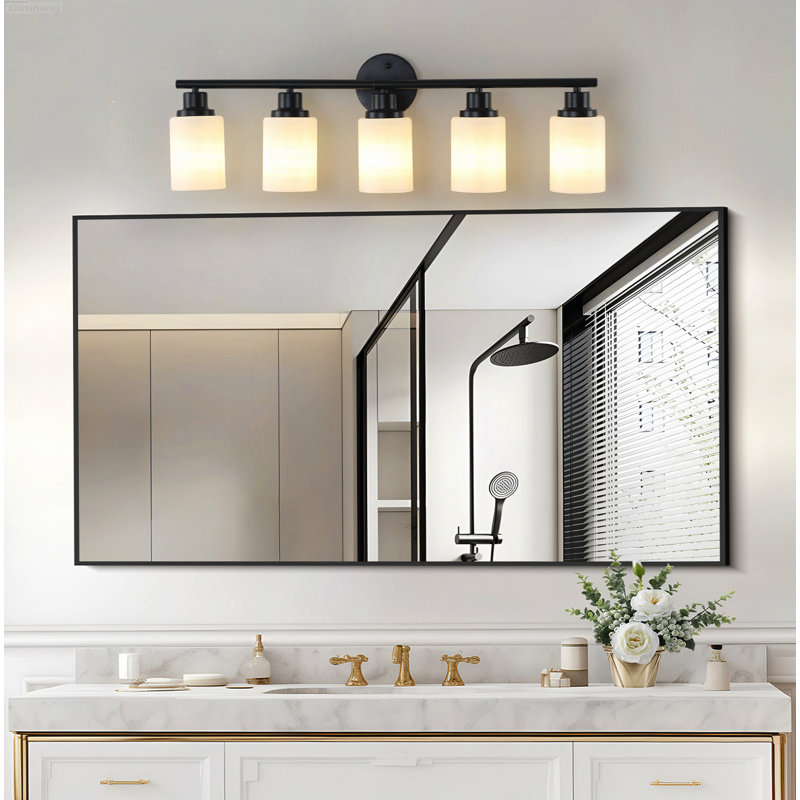 Luminaire de salle de bain moderne 5 lumières avec abat-jour en verre givré blanc laiteux noir mat, 5, Noir mat