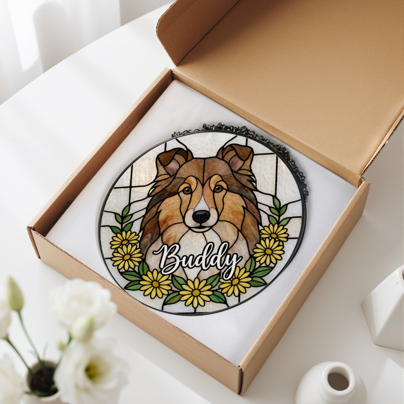 Panneau de vitrail 12 "H Dog Flowers, H 12 po x l 12 po