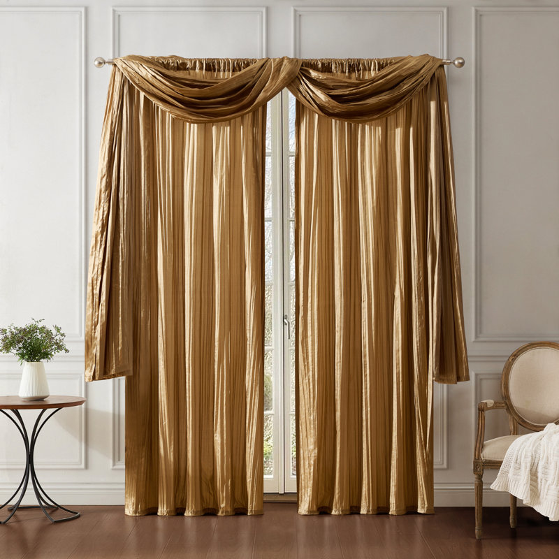Danielly Solid Semi-Sheer Faux Crushed Silk Window Curtain and Scarf Set, 52" x 84", Gold
