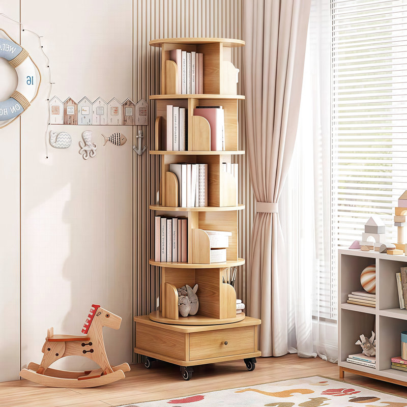 Bibliothèque 360 ° avec roulettes, tiroir, 6 niveaux, couleur bois, présentoir à cubes verticaux pour espace de bureau rond, couleur