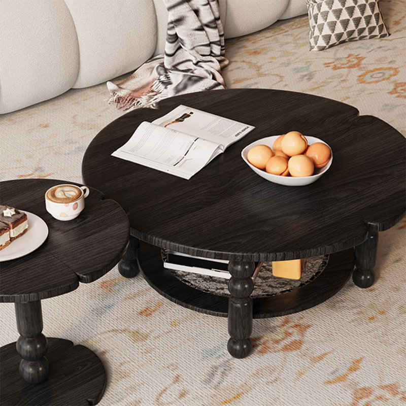 Table basse ronde noire en bois massif et verre