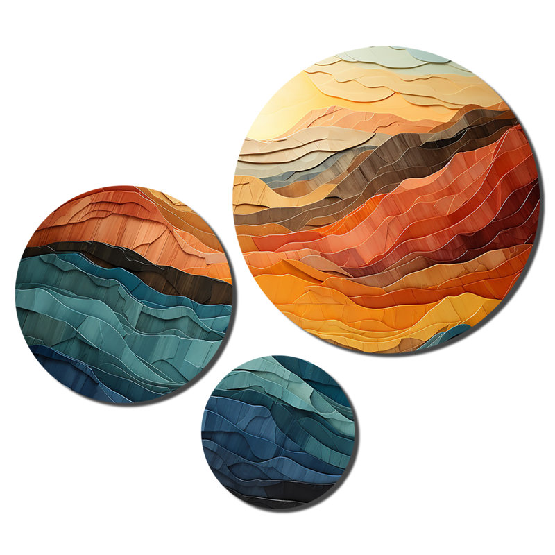 Coral Teal Bold Mountains Landscape - Modern Metal Wall Decor Set