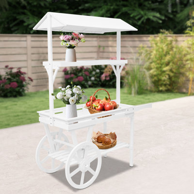 Wood Rolling Cart Retro Indoor Display Rack With Wheels For Flowers, Potted Plants