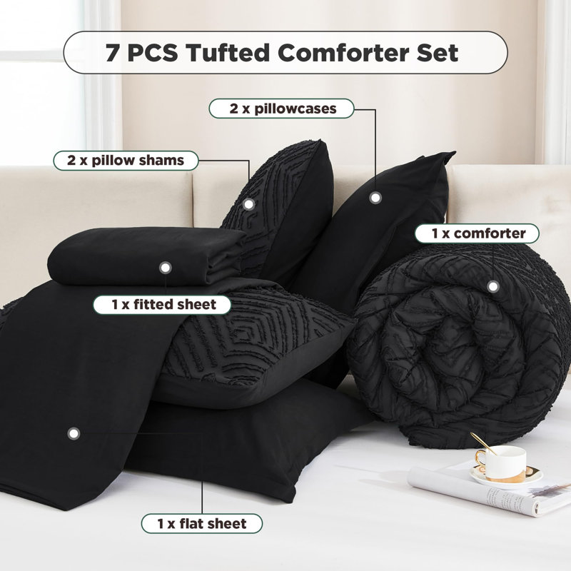 Andency Super King Plus Comforter Set with Sheets Black - 7 Pieces Bed in a Bag Oversized King Boho Lightweight Fluffy Tufted Bedding Sets with Comforter, Sheets, Pillowcases & Shams
