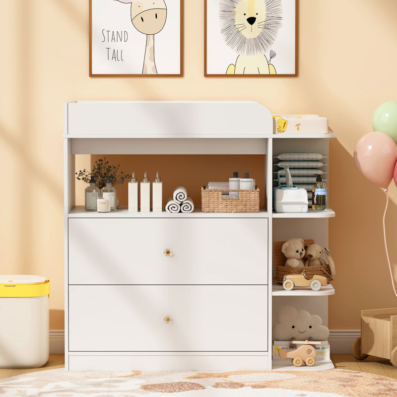 Commode à langer, commode pour chambre de bébé avec 4 tablettes ouvertes, table à langer, Blanc