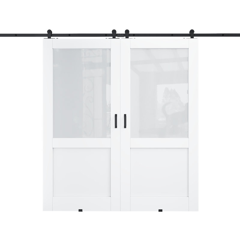 96in. And 80in.Half Lite White Door Slab Prefinished Surface With All Barn Door Hardware Kit, 72in.x 80in.