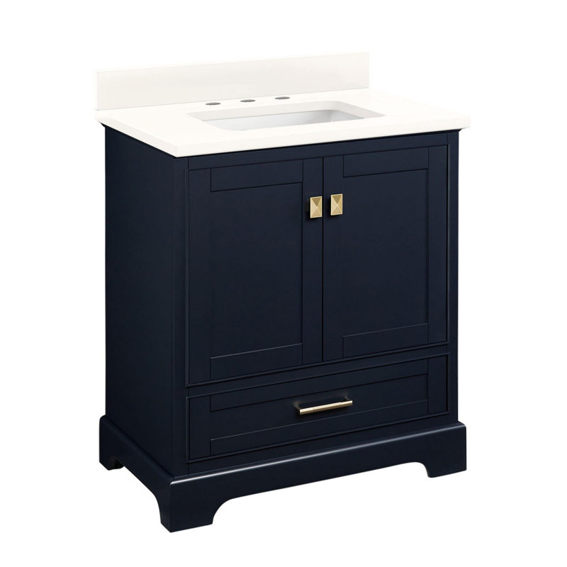Quen 30" Freestanding Single Basin Vanity Set with Cabinet, Vanity Top, 8" Centers, Midnight Navy Blue, Arctic White Quartz