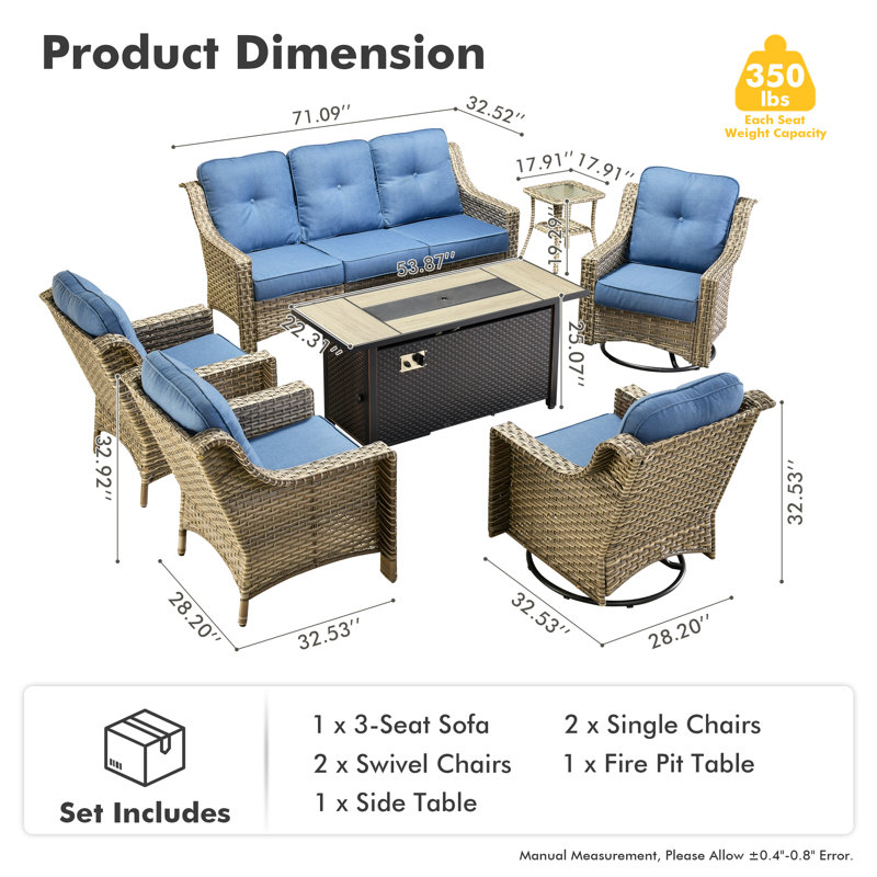 Emanuell 7 - Person Wicker Outdoor Conversation Set, Patio Sofa & Swivel Chair Set with Fire Pit and Cushions, Blue