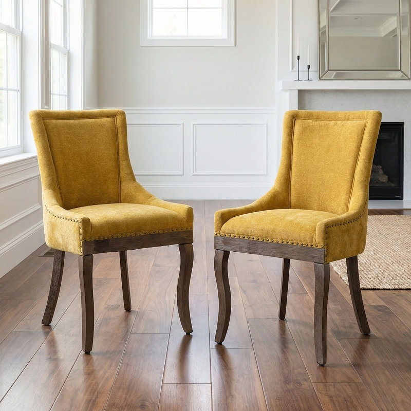 Chic Mid-Century Dining Chair Set(Set Of 2) - High Back Support, Solid Wood Frame, Bronze Accents, Yellow