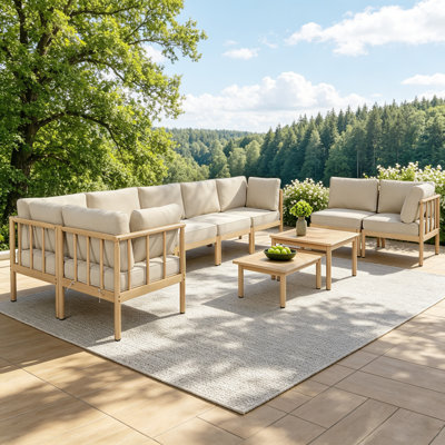 Wicksham 8-Person Modular Acacia Wood Outdoor Sectional Set With Armless Seat & Nesting Coffee Tables