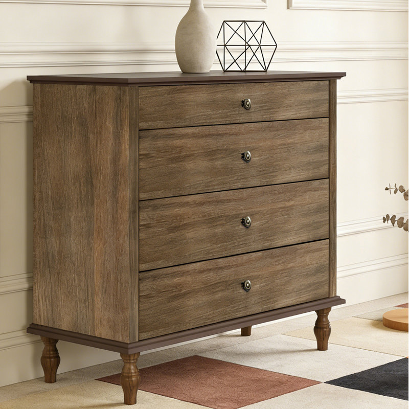 Large 4-Drawer Chest with Solid Wood Foot, Deep Rustic Brown