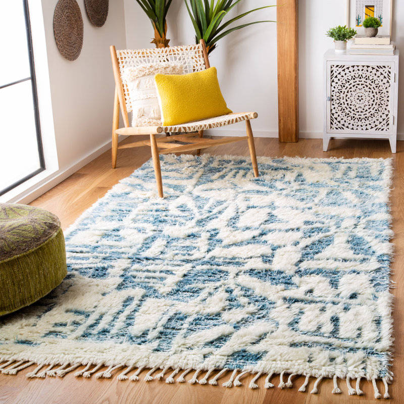 Tapis ivoire / bleu en laine et viscose Duena, Rectangle 5 pi x 8 pi