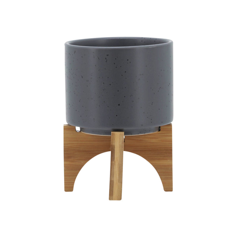 5" Planter W/ Wood Stand, Matte Gray, 7" H x 5" W x 5" D