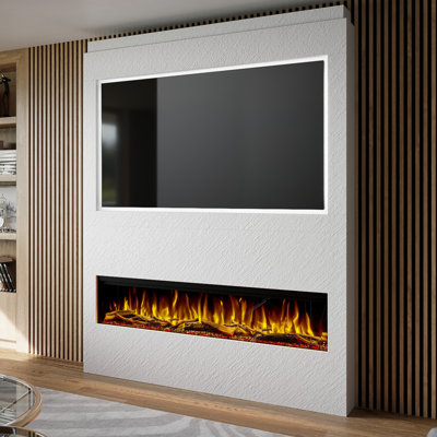 Evolution Fires Pre-Built Media Wall Package 17, finished in textured Venetian Plaster, includes Spectrum Series 60 Series 3-Sided Electric Fireplace
