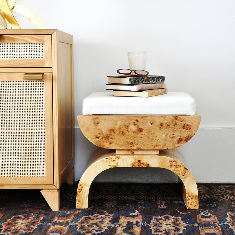 Biggs Upholstered Vanity Stool, Burl Wood