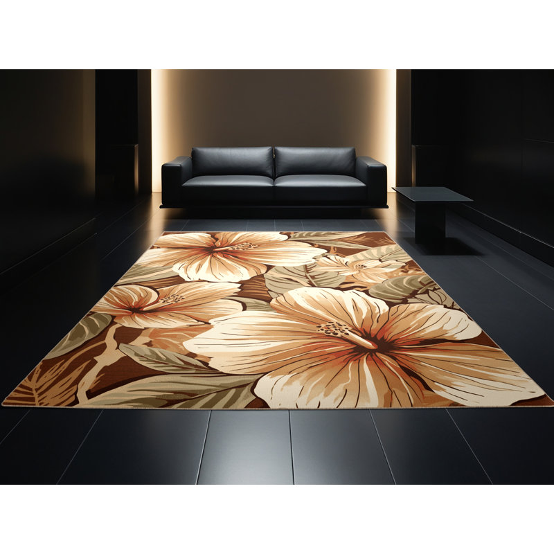 Tapis floral hibiscus parrilla lavable à la machine en brun - reliure beige, 8 x 10