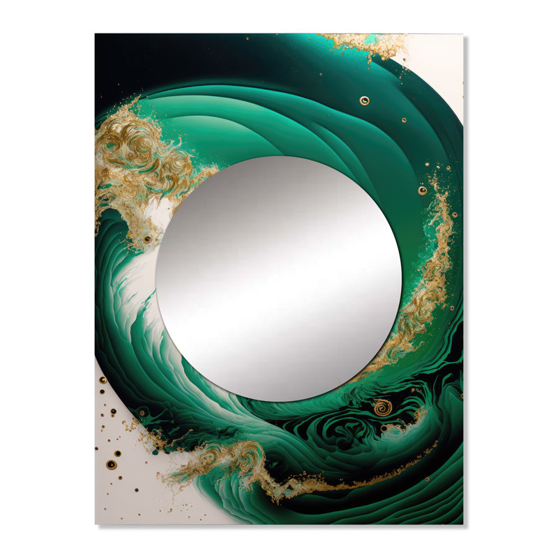 Braveston émeraude vert et or abstrait vagues III - abstrait spirales murales miroir, 32 po x 24 po