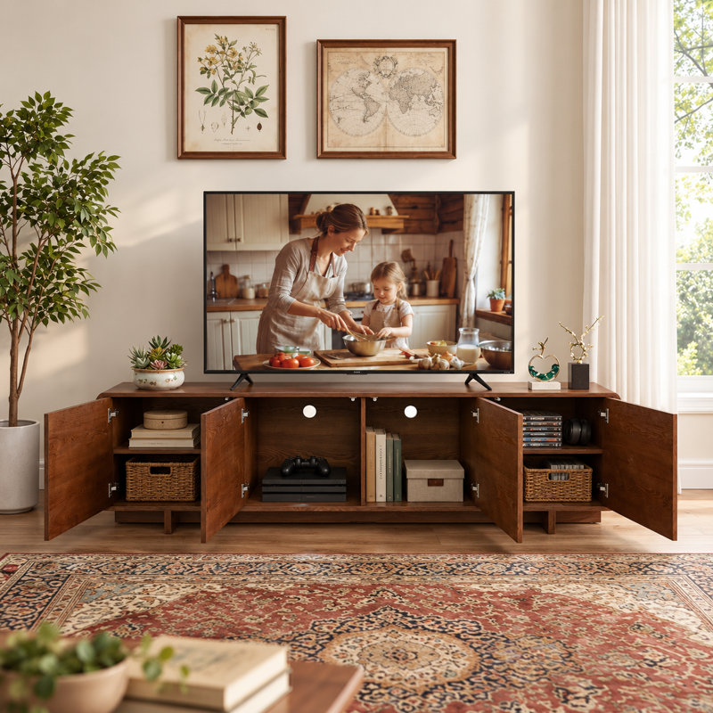  Meuble télé 78,74 po en bois pour salon, console de télévision moderne Mid-Century, centre de divertissement avec rangement, noyer