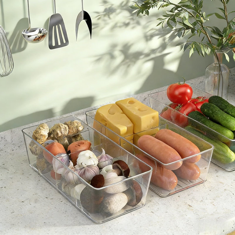 Bacs de rangement en plastique transparent avec séparateurs amovibles, organisateurs empilables sans BPA pour le garde-manger, le réfrigérateur, l'armoire et l'organisation de la salle de bain (paquet de 2)