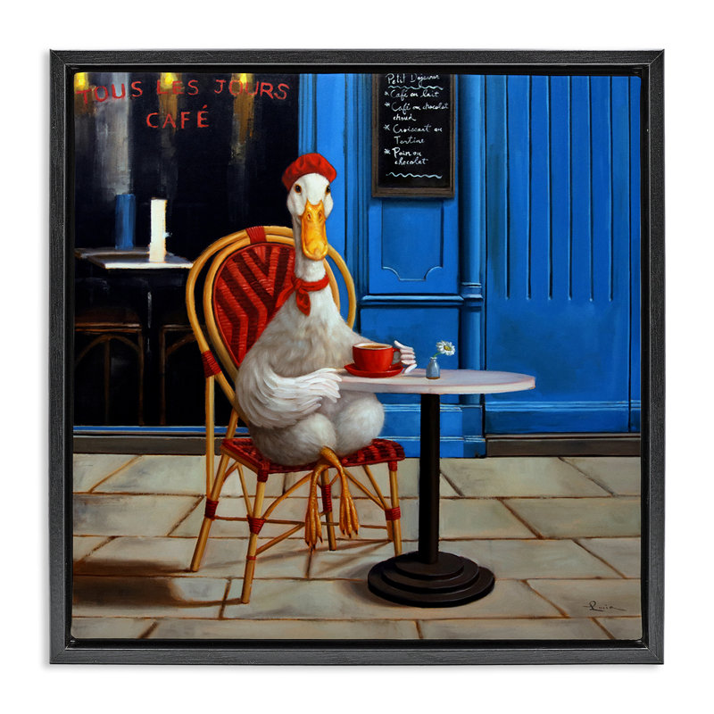 Trendy Duck at Cafe Floating Frame, design by Lucia Heffernan, 18" H x 18" W, Black