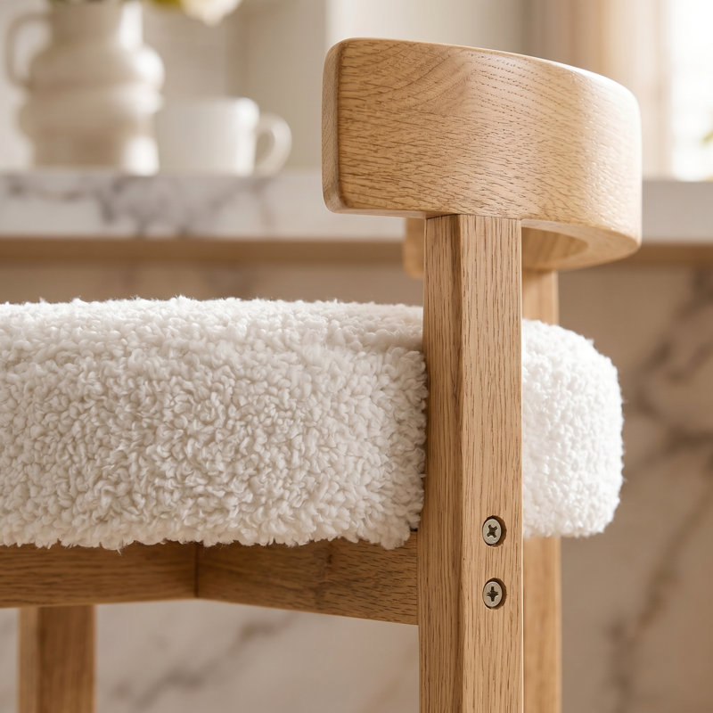 Tabouret de bar Mid-Century blanc à hauteur de comptoir avec cadre en bois, tabouret de bar rembourré pour le comptoir, élégant et confortable