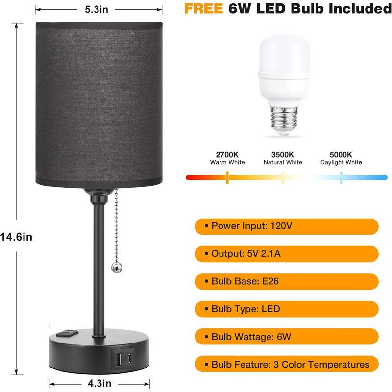 Murwah USB Standard Table Lamp, Black