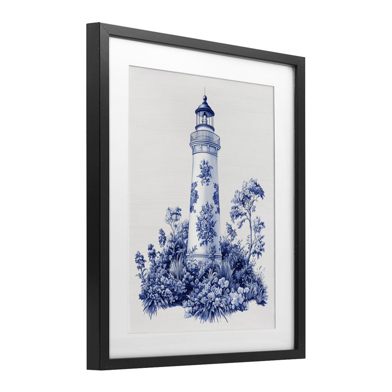 Toile à motif phare, reproduction encadrée sous verre, design avec lettres et doublure, Noir, H 16 po x l 13 po